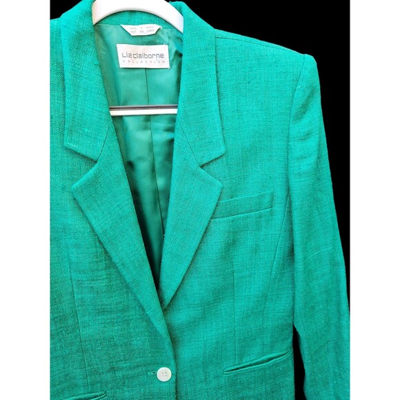 Vintage Liz Claiborne 100% Silk Tweed Blazer Green Boxy Single Button Jacket 6 - Picture 13 of 15